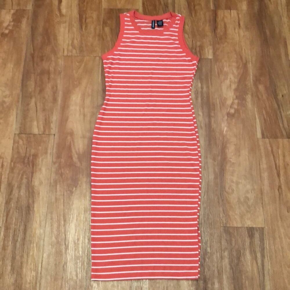 No Comment Orange and White Striped Ribbed Midi Dress Size Medium